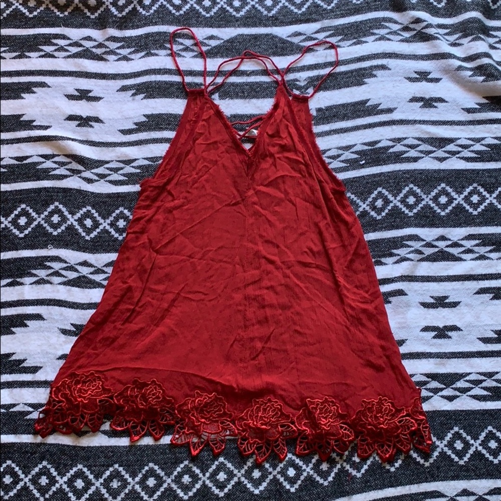 Red lace detailed slip dress.